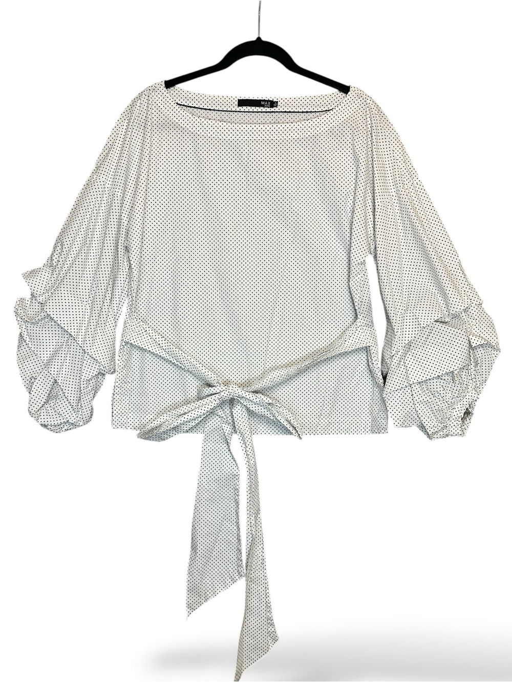 Max Jeans Polka Dot Gingham Billowed Balloon Sleeve Tie Waist Top